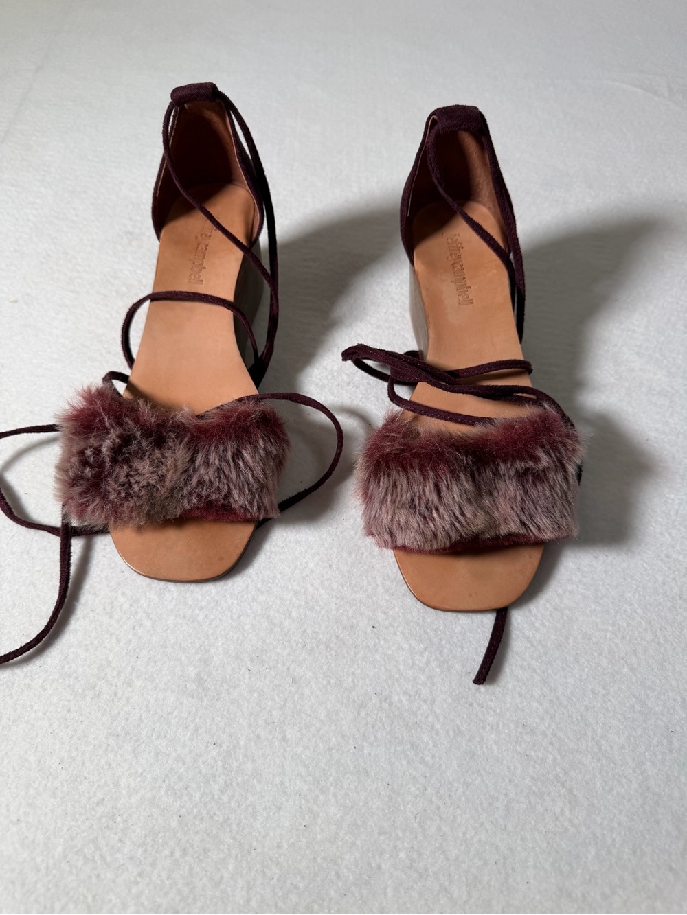 Jeffrey Campbell Burgundy Faux Fur Lace-Up Sandals